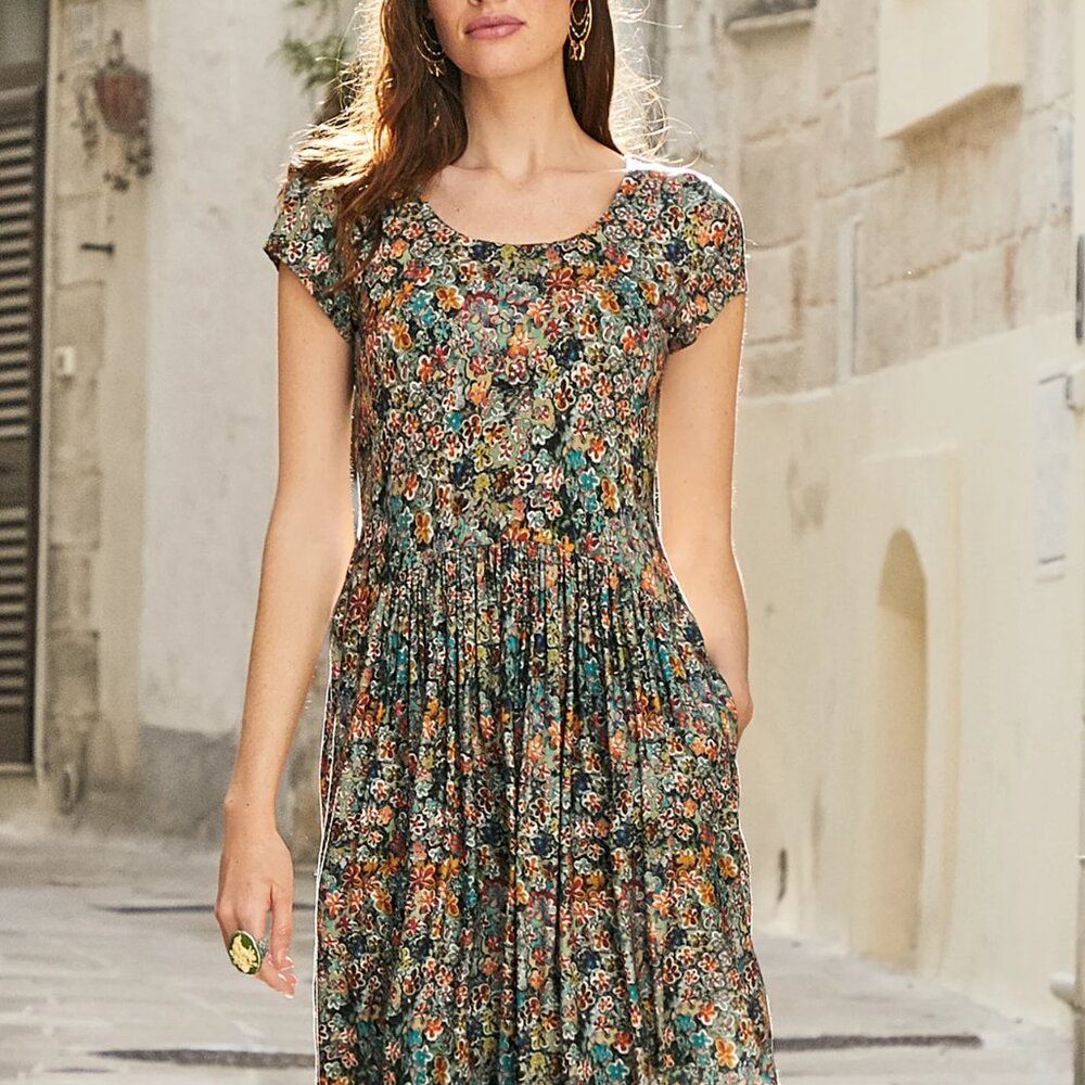 PERUVIAN CONNECTIONS FIORI DRESS MULTI COLOR FLORAL PATTERN SIZE M